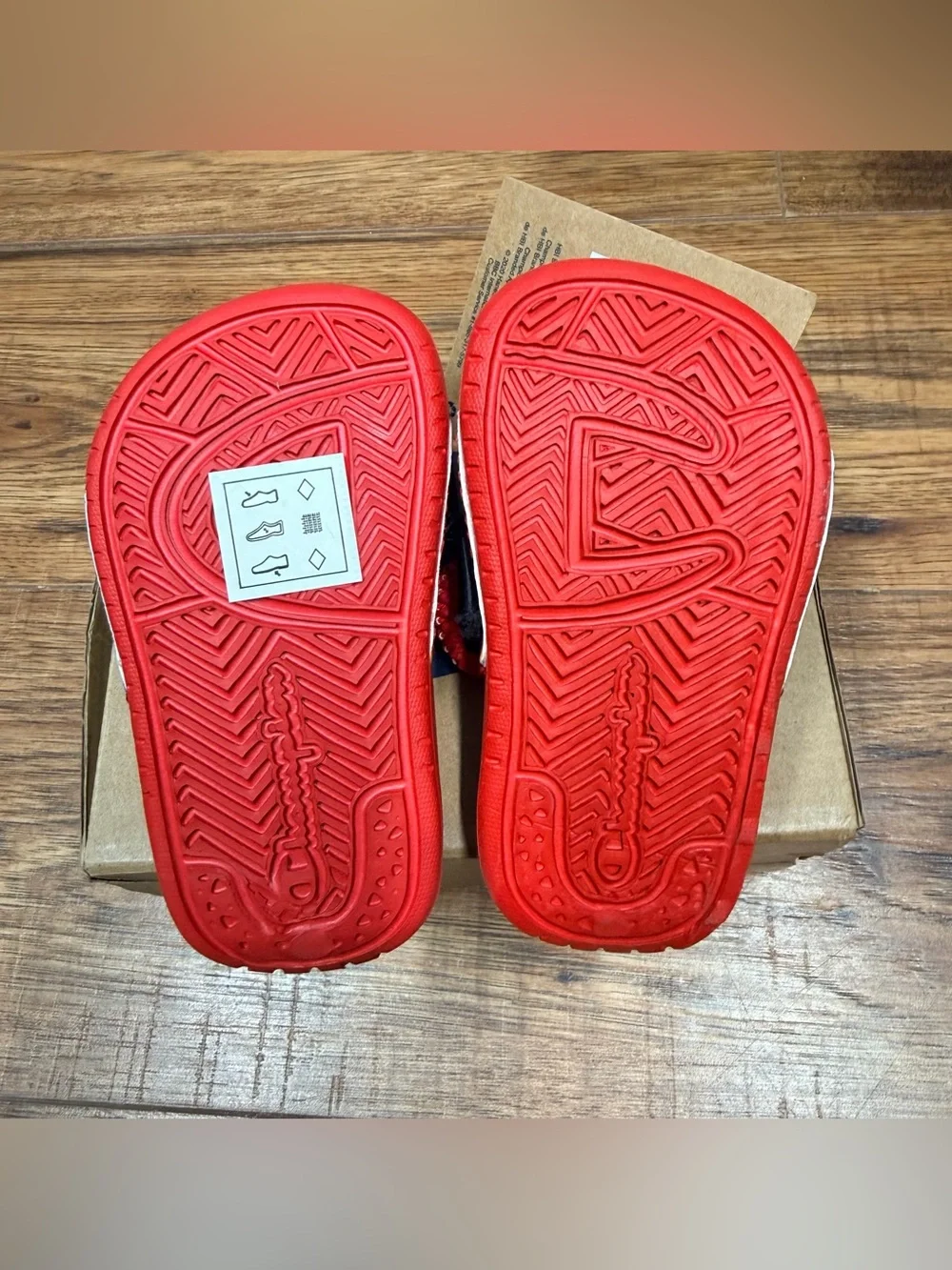 Champion Kids Red Slides with Rainbow Tie-Dye Straps and Logo